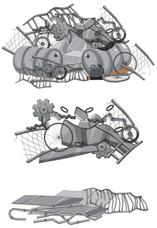 A colorful cartoon illustration of a pile of junk steel ready for recyclingのイラスト素材