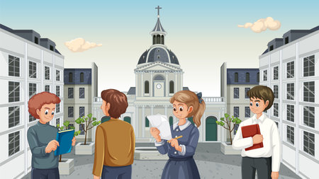 University students gathered at Sorbonne University in Paris, surrounded by a European historical buildingのイラスト素材