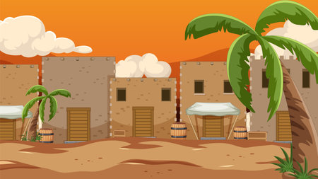Colorful cartoon illustration of Middle Eastern houses against a desert backdropのイラスト素材