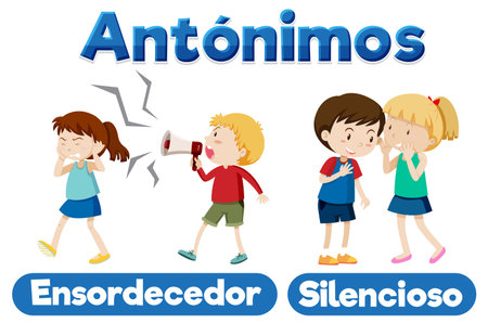 A vector cartoon illustration depicting the antonyms 'Ensordecedor' and 'Silencioso' in Spanish language educationのイラスト素材