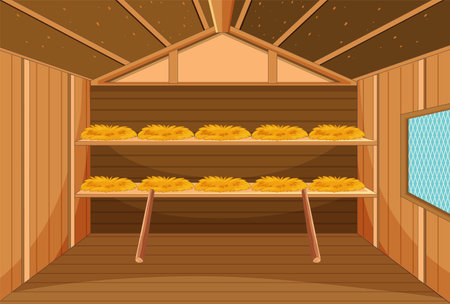 A colorful cartoon illustration of a chicken house for egg-layingのイラスト素材