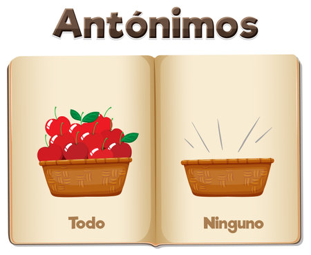 A vector cartoon illustration of antonym word cards in Spanish means all and noneのイラスト素材