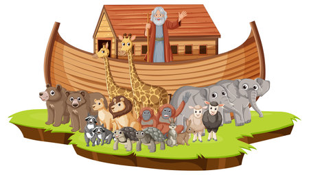 Group of wild animals and Noah from the Bible story standing in front of Noah's Arkのイラスト素材