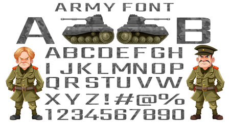 Vector illustration of two soldiers with alphabet from A to Z in camouflage backgroundのイラスト素材