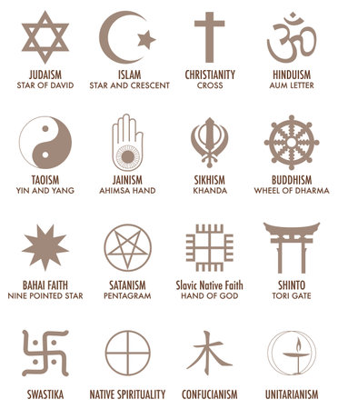Illustration of various religious signs and symbols in brown huesのイラスト素材