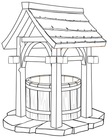 Black and white illustration of a wooden well.のイラスト素材