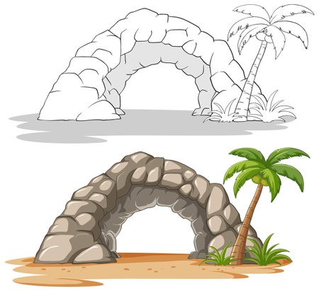 Vector illustration of a stone arch and palm tree.のイラスト素材