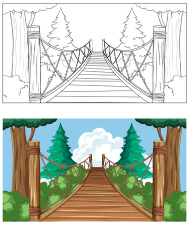 Two stages of a bridge illustration, from sketch to colorのイラスト素材