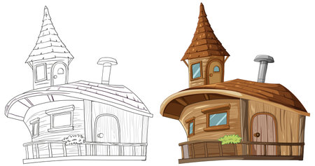 Colorful and line art treehouse drawings side by side.のイラスト素材