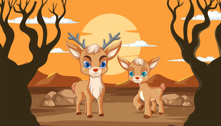 Two cute deer in a forest at sunsetのイラスト素材