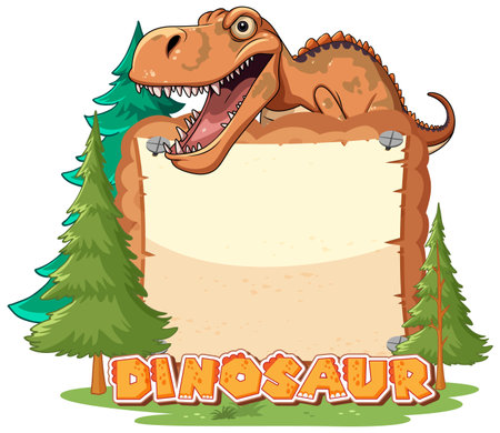 Cartoon dinosaur holding a blank sign in forestのイラスト素材