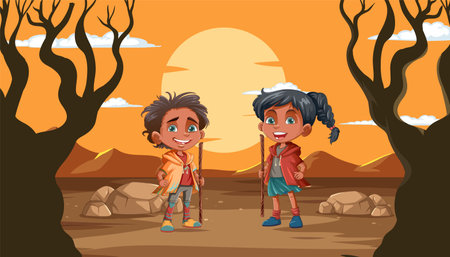 Two children exploring a barren landscape at sunsetのイラスト素材