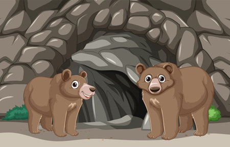 Two cartoon bears near a rocky cave entranceのイラスト素材