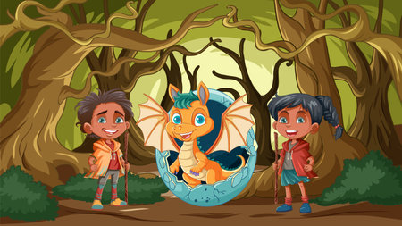 Two children meet a mythical creature in the woodsのイラスト素材