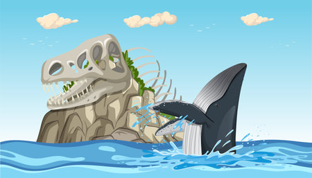 Whale splashes near a dinosaur skull islandのイラスト素材