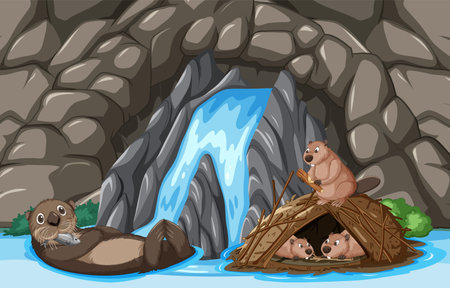 Illustration of otters near a waterfall and rocks.のイラスト素材