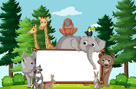 Cartoon animals around an empty white bannerのイラスト素材