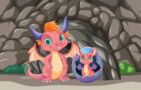Two colorful dragons, one hatching from an egg.のイラスト素材
