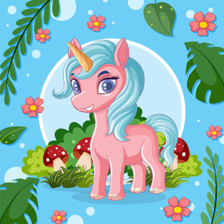 Cute unicorn illustration with colorful forest backgroundのイラスト素材