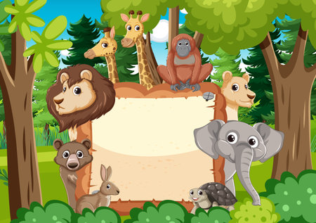 Cartoon animals around an empty banner in forestのイラスト素材
