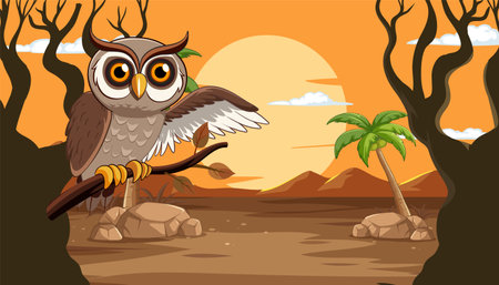 Cartoon owl perched in a desert at duskのイラスト素材