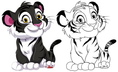 Colorful and outlined tiger cubs sitting side by side.のイラスト素材