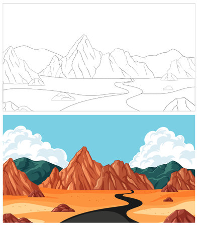 Vector illustration of a desert road and mountain range.のイラスト素材