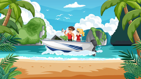 Two people enjoying a boat ride by the beach.のイラスト素材