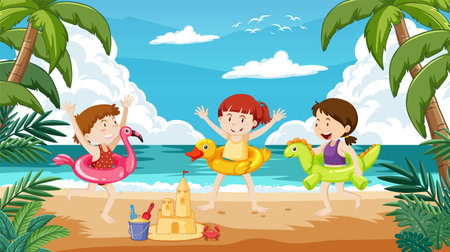 Happy kids playing on a sandy beach with toysのイラスト素材