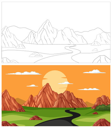 Vector illustration of mountains during sunrise and sunset.のイラスト素材