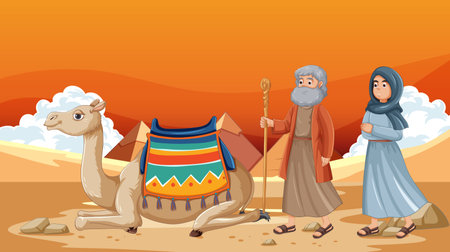 Illustration of travelers with camel in desert settingのイラスト素材