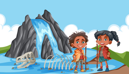 Two children smiling near a dinosaur skeleton and waterfallのイラスト素材