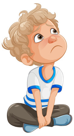 Cartoon of a thoughtful boy sitting downのイラスト素材