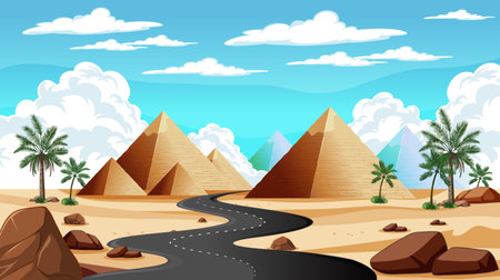 Winding road through a desert with pyramids and palms.のイラスト素材