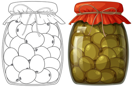 Illustration of olives in jar, before and after coloring.のイラスト素材
