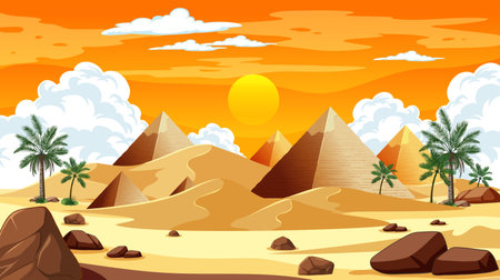Vector illustration of pyramids in a desert at sunsetのイラスト素材