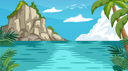 Serene tropical island with lush palm treesのイラスト素材