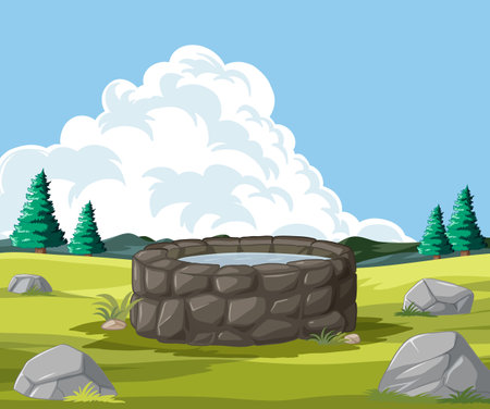 Vector illustration of a well amidst a tranquil nature scene.のイラスト素材