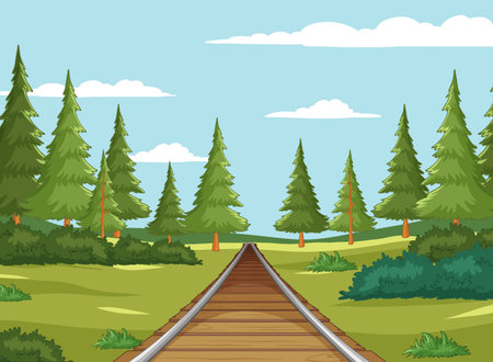 Railroad tracks leading through a tranquil forestのイラスト素材