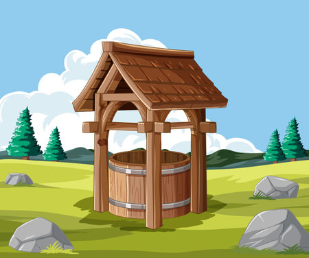Wooden well in a peaceful grassy landscape.のイラスト素材