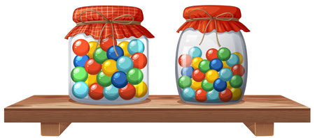 Two jars filled with multicolored candies on shelfのイラスト素材