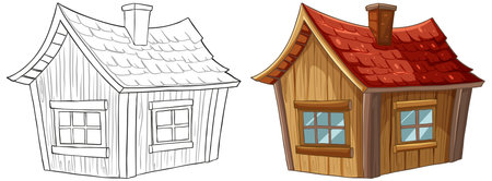 From line art to colored cozy cottage illustrationのイラスト素材