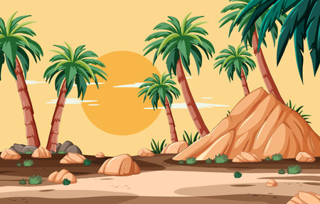 Palm trees and rocks under a setting sunのイラスト素材