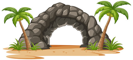 Cartoon stone arch with palm trees on sandのイラスト素材