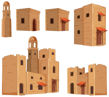 Collection of stylized desert buildings in vector formatのイラスト素材