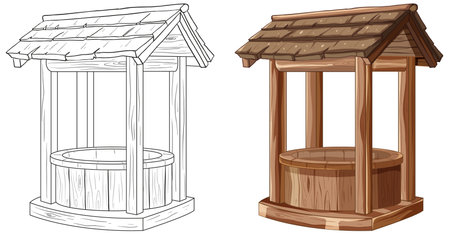 Two styles of wooden wells, one colored and one outlined.のイラスト素材