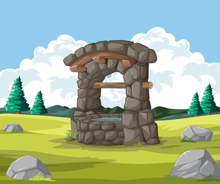 Cartoon stone archway in a serene grassy field.のイラスト素材