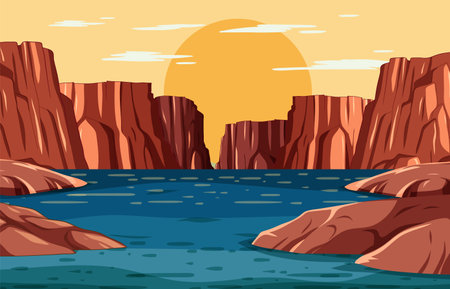 Vector art of a canyon landscape at sunsetのイラスト素材