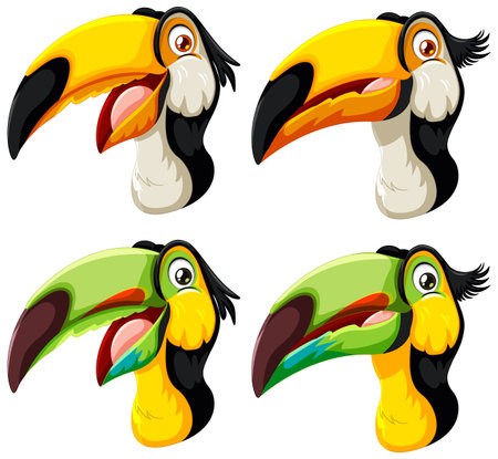 Four vibrant toucan head illustrations in vector format.のイラスト素材