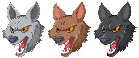 Three animated wolves showing aggressive expressions.のイラスト素材